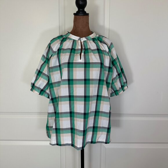Ann Taylor Green & White Plaid Peasant Top Blouse Large - Picture 2 of 9